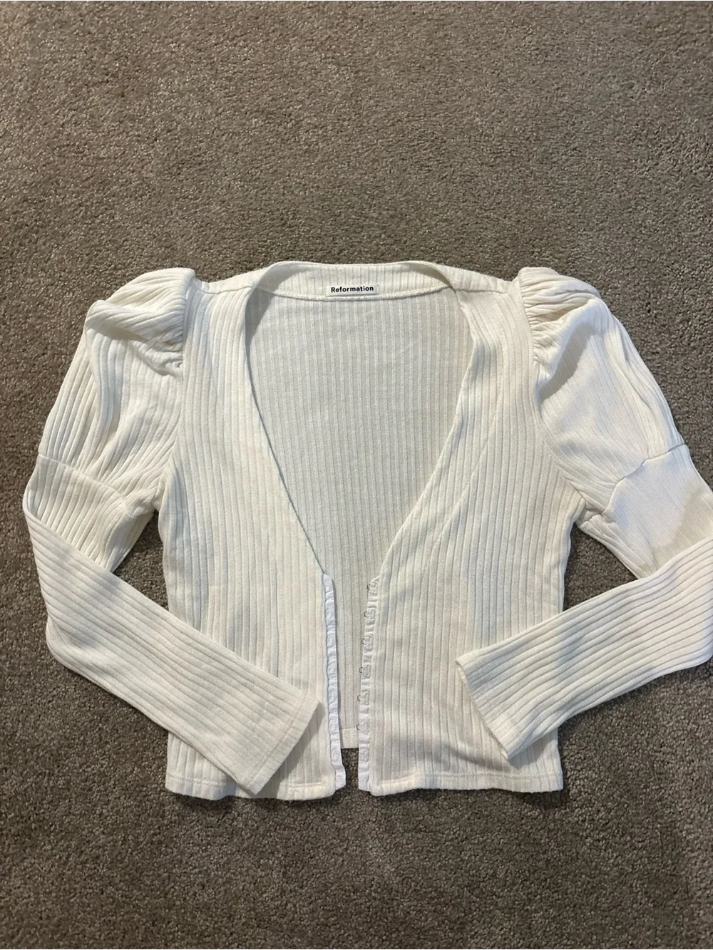 Reformation White Ribbed Puff-Sleeve Top